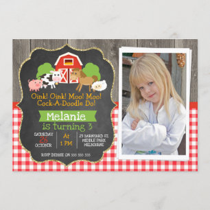 Barnyard Part Chalkboard Photo Birthday Invitation Kaart