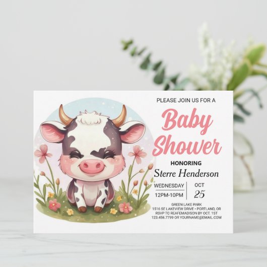 Barnyard Pastel Modern Koe Baby shower Kaart (Staand voorkant)