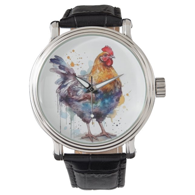 Barnyard Splendor: Waterverf Hen Horloge (Voorkant)