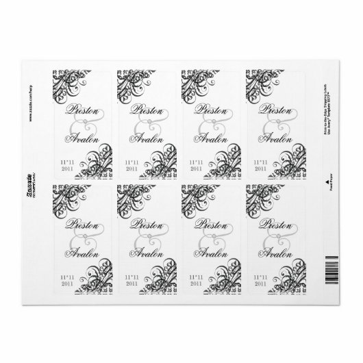 Barok B&W Scroll Bruiloft Wijn Label (Full Sheet)