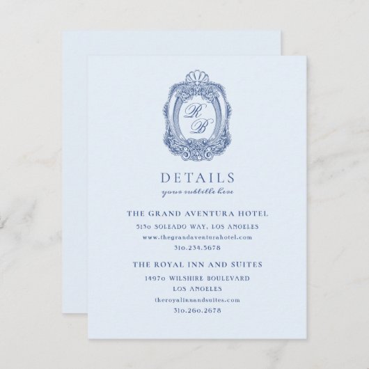 Barok Crest Frans Blauw Bruiloft Informatiekaartje (Voorkant / Achterkant)