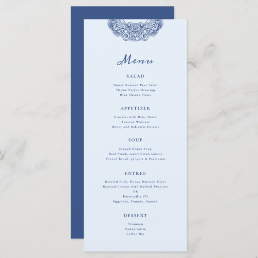 Barok Crest Frans Blauw Bruiloft Menu (Voorkant / Achterkant)