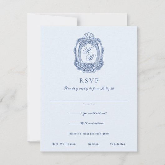 Barok Crest Frans Blauw Bruiloft RSVP Kaartje (Voorkant)