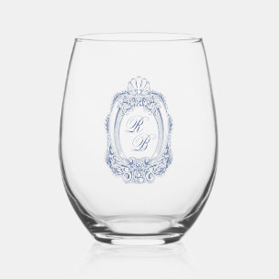 Barok Crest Frans Blauw Initialen Bruiloft Wijnglas Zonder Voet