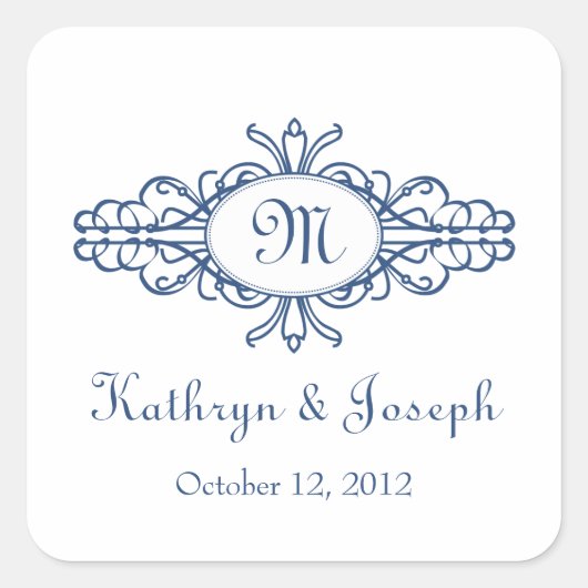 Barok lijst mongram marineblauw bruiloft gunst lab vierkante sticker (Voorkant)