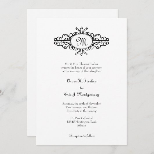 Barok lijst monogram zwarte witte bruiloft kaart (Voorkant / Achterkant)