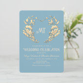 Barok Monogram Blauw Goud Huwelijksuitnodiging Kaart (Staand voorkant)