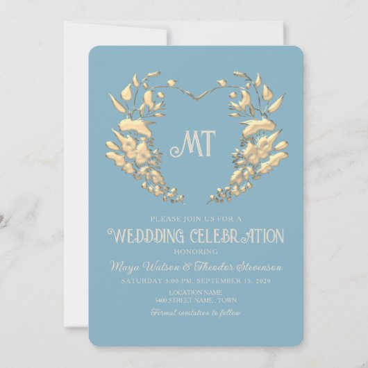 Barok Monogram Blauw Goud Huwelijksuitnodiging Kaart (Voorkant)