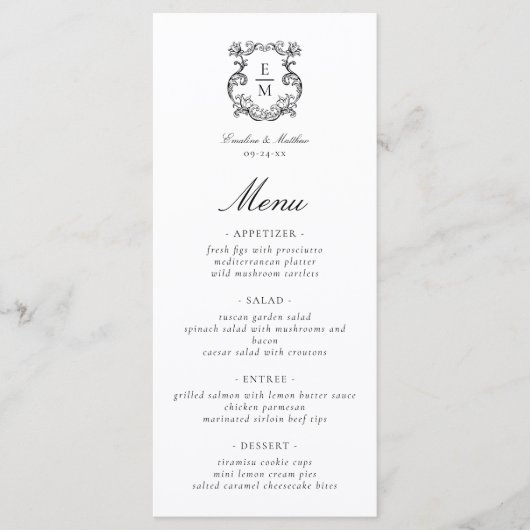 barok monogram crest bruiloft menu (Voorkant)