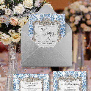 barok rococo bloemenblauw wit zilver folie uitnodiging