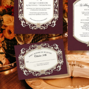  barok rococo bordeaux en gouden bruiloft RSVP kaartje