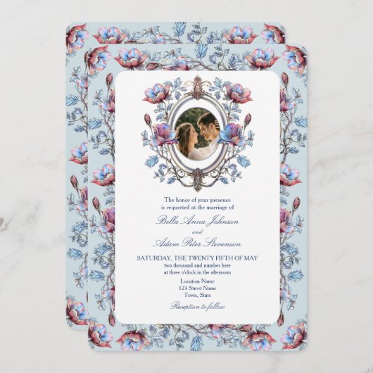 Barok Toile Fotobruiloft Uitnodigen met QR-code Kaart (Voorkant / Achterkant)