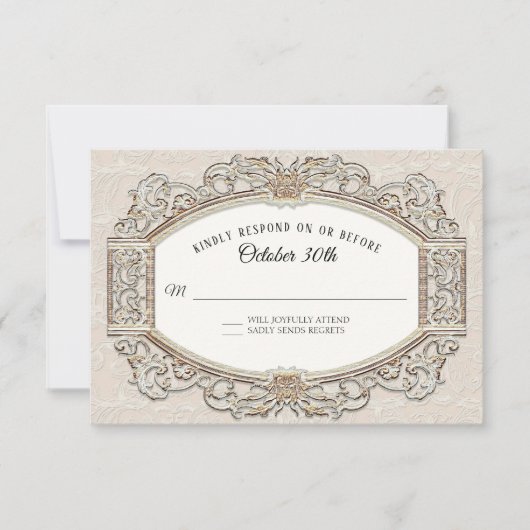  barok Victoriaans ivoor en gouden bruiloft RSVP Kaartje (Voorkant)
