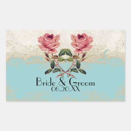 Barokkant Elegant Roos Floral Aqua Rechthoekige Sticker (Voorkant)