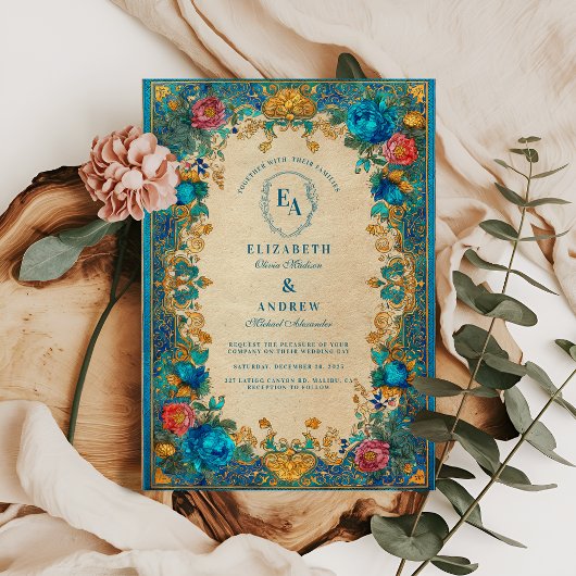 Barokke Bloemen en Blauwgroen Patroon Wedding Kaart