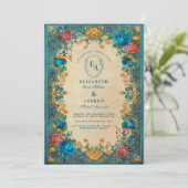 Barokke Bloemen en Blauwgroen Patroon Wedding Kaart (Staand voorkant)
