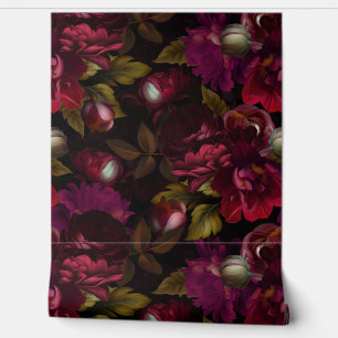 Barokke bordeaux gothic moody bloementuin wallpap behang