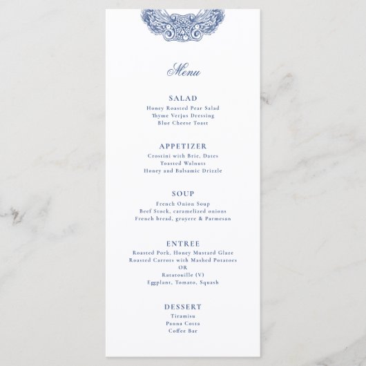 Barokke Crest Franse Blauw Antiek bruiloft Menu (Voorkant)