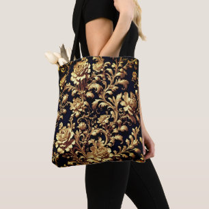 Barokke Elegantie: Zwart & Goud Bloemen Canvas tas