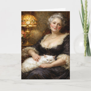 Barokke verjaardagsvrouw poseert met witte kat kaart