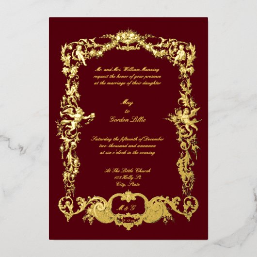  barokrococo bloemenkransen & cherubs folie uitnodiging (Voorkant)