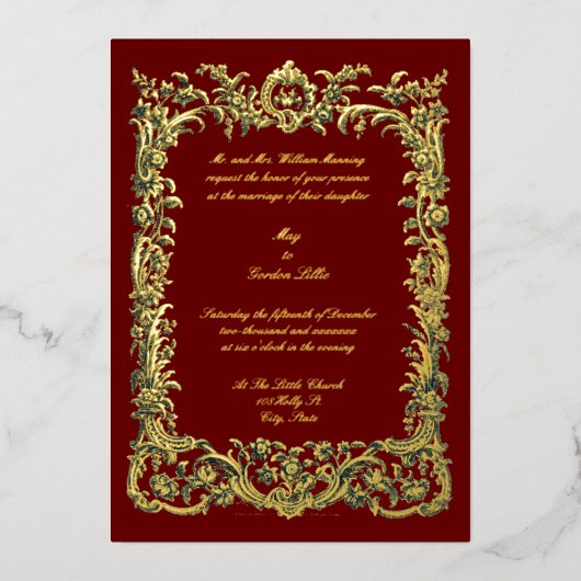 Barokrococo bloemrand met twee harten folie uitnodiging (Voorkant)