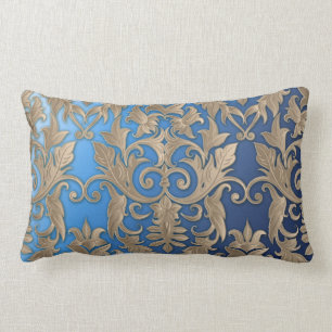 Baroque Damask Brocade Cream Beige op Blue Kussen