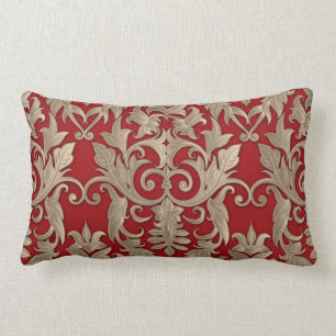 Baroque Damask Brocade Cream Beige op Red Kussen