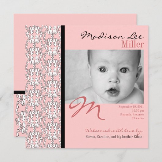 Baroque en Faire-part bébé rose (Devant / Derrière)