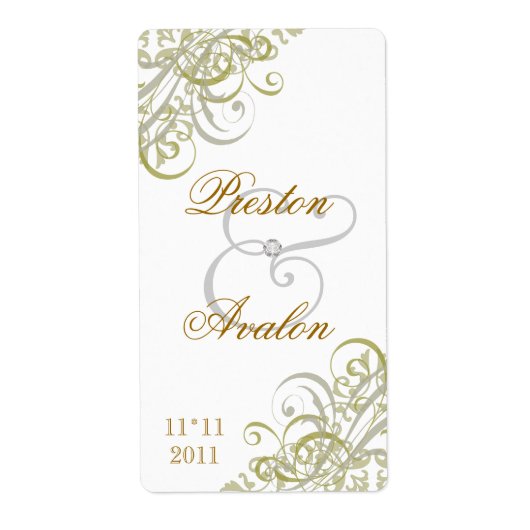 Baroque Gold Scroll Mariage blanc Étiquette à vin (Devant)