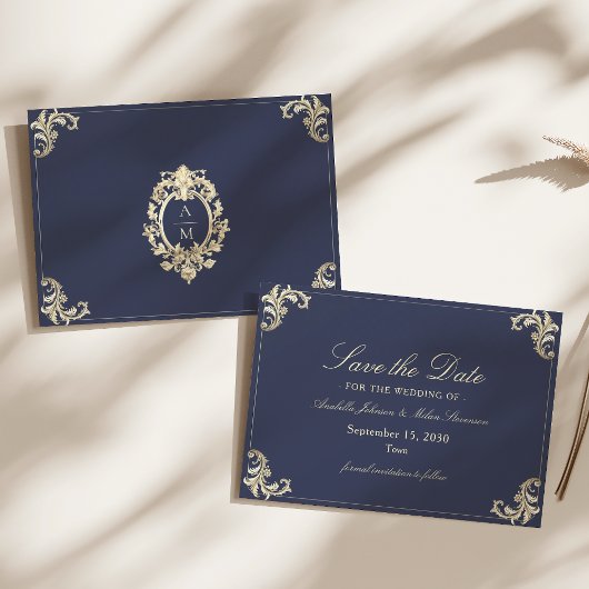 Baroque Navy Blue Gold Wedding Save The Date