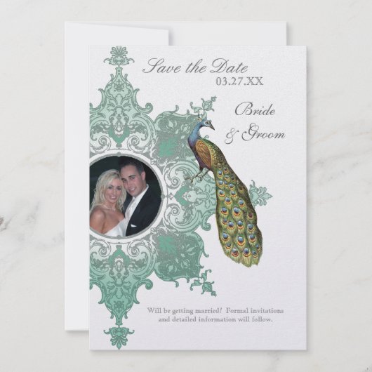 Baroque Peacock sparen de Datum Uitnodiging - Blau (Voorkant)