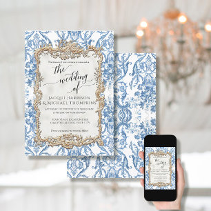 Baroque Rococo Floral Blue White Wedding Kaart
