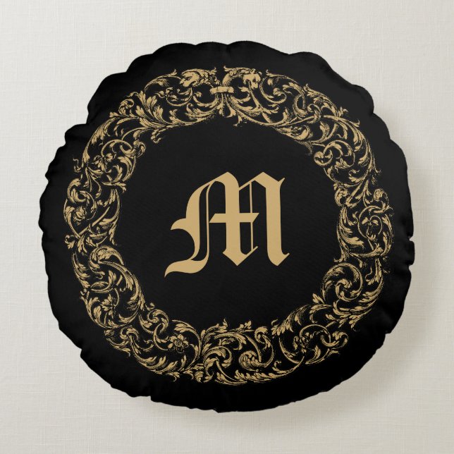 Baroque Rococo Floral Wreath Monogram Print Rond Kussen (Voorkant)