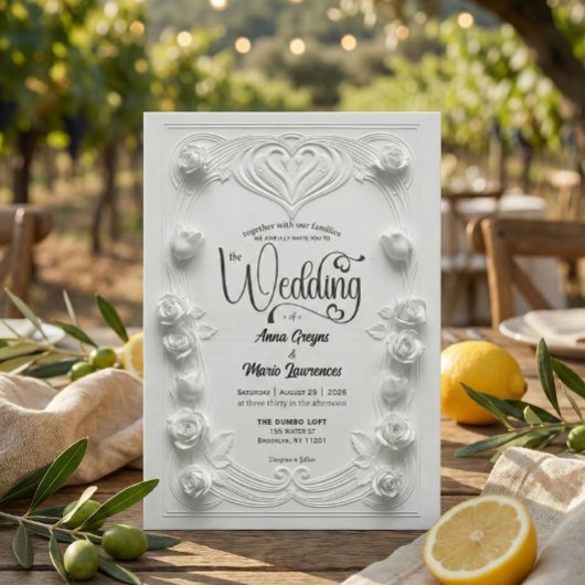 Baroque White Rose Faux 3D Embossed Formal Wedding Kaart