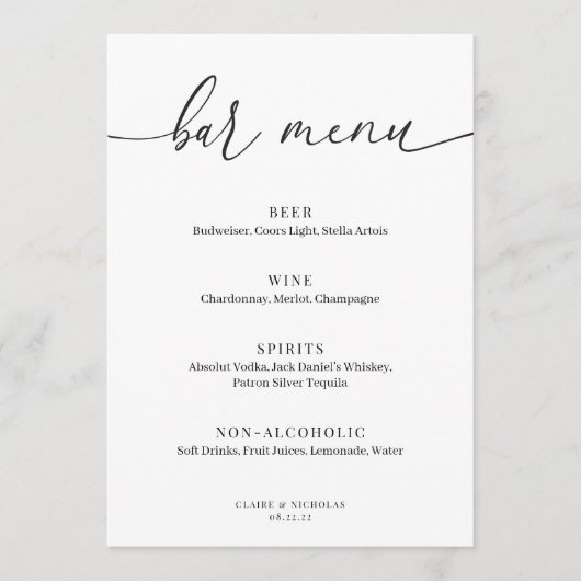 Barre de Mariage moderne élégant Panneau de menu (Devant)