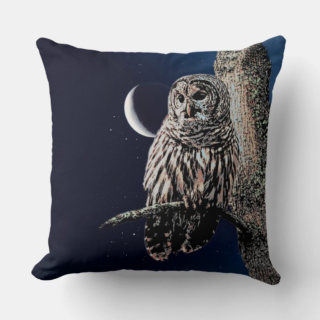 Barred Owl Crescent Moon Night Sky Kussen (Voorkant)