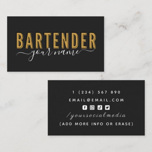 Bartender Retro Typografie Handtekening Naam Visitekaartje (Voorkant / Achterkant)