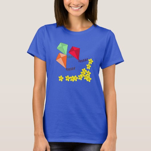 Basant Panchami Mosterd Bloemen en Vliegers T-shirt (Voorkant)