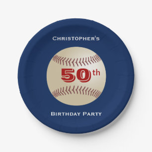 Baseball, 50th Birthday Party, Name, Blue Papieren Bordje