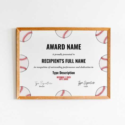 Baseball Achievement Award Certificaat - Instant Poster
