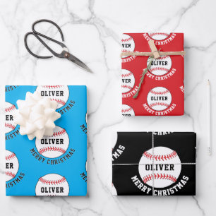 Baseball Ball Pattern Kinder naam Vrolijk Kerstfee Inpakpapier Vel
