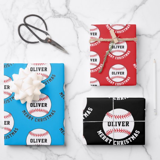 Baseball Ball Pattern Kinder naam Vrolijk Kerstfee Inpakpapier Vel (Voorkant)