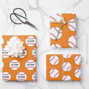 Baseball Ball Sinaasappel Patroon Kinder naam Verj Inpakpapier Vel