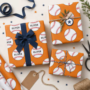 Baseball Ball Sinaasappel Patroon Kinder naam Verj Inpakpapier Vel