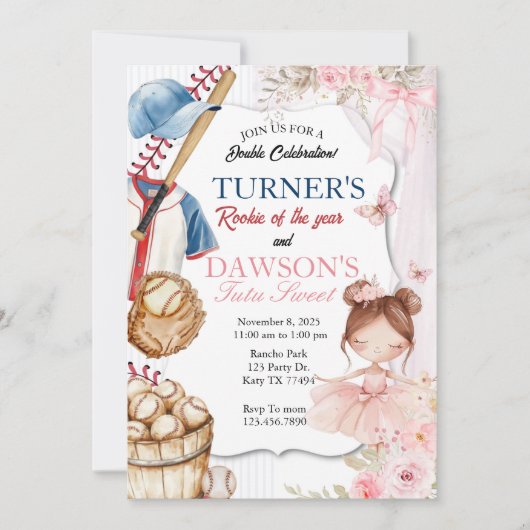 Baseball & Ballerina Birthday Invitation | Rookie Kaart (Voorkant)