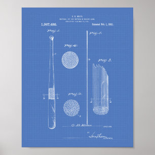 Baseball Bat 1921 Patent Art - Blauwdruk Poster