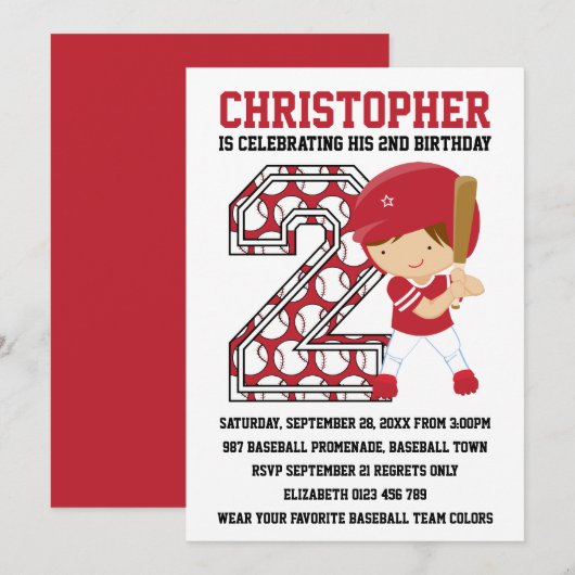 Baseball Batter Red White, 2de verjaardag Kaart (Voorkant / Achterkant)