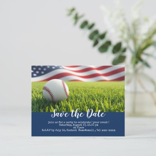 Baseball behalve de datum met vlag van Amerika Briefkaart (Staand voorkant)