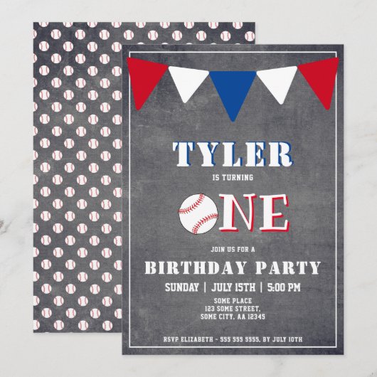 Baseball Birthday Invitation Boy 1st Birthday Kaart (Voorkant / Achterkant)